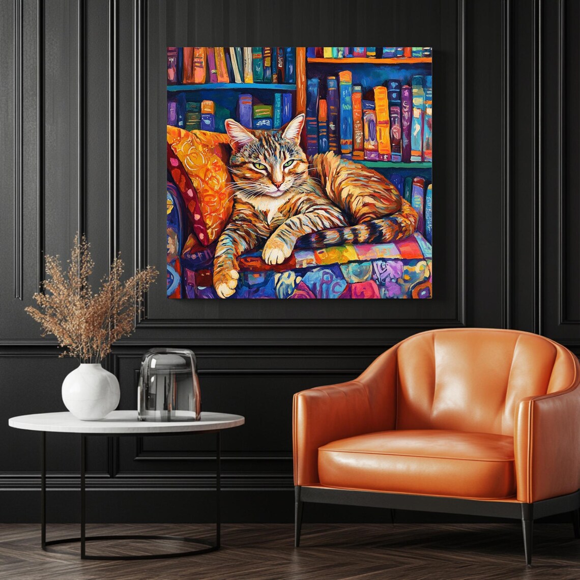 Cat On Couch, Cozy Reading Room Decor - Image 3