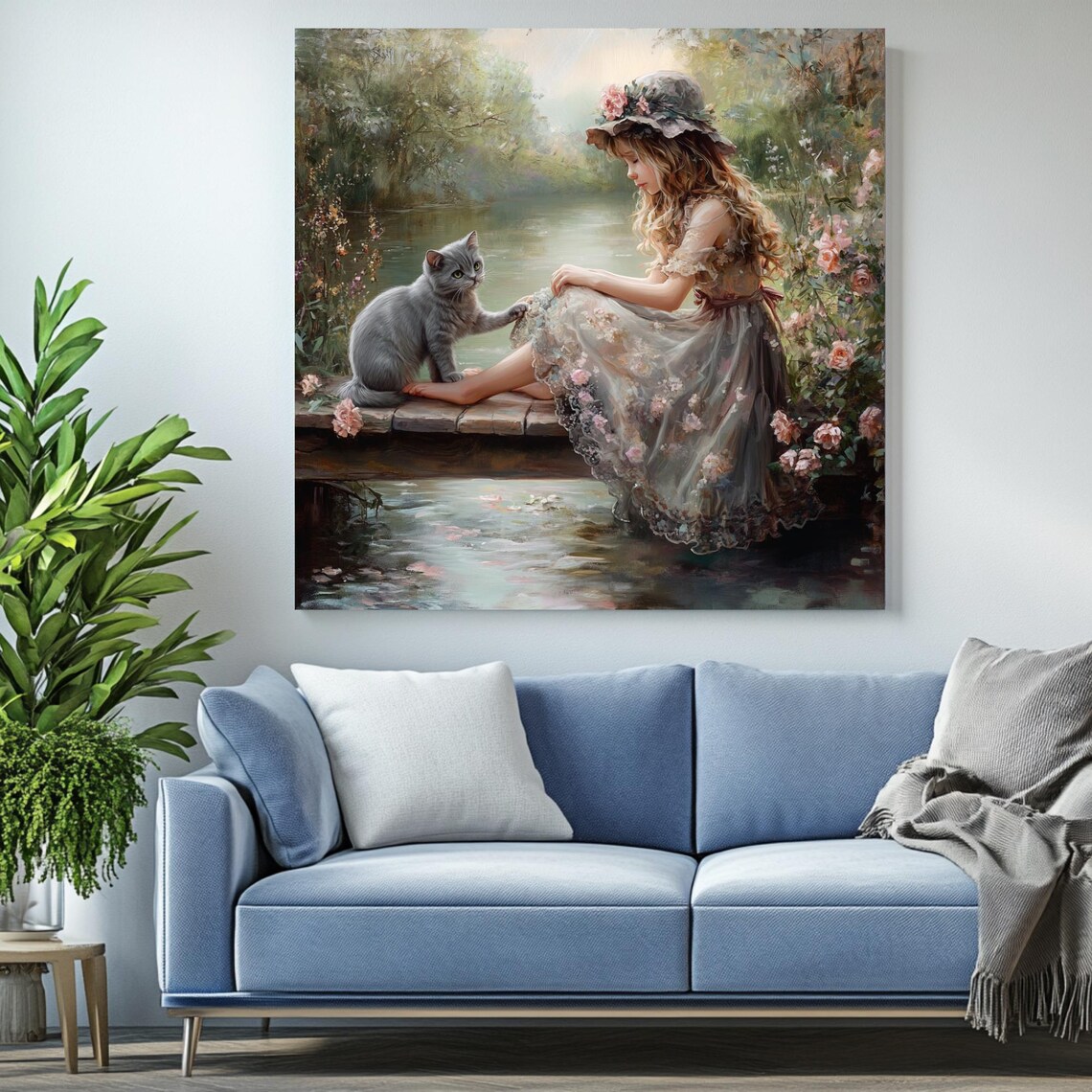 Girl And Cat, Peaceful Lake Nature Decor - Image 2
