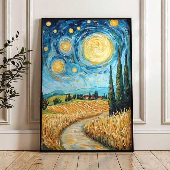 Van Gogh Wheat Field Poster Swirling Starry Sky Over Countryside Golden Field Art Print Rustic Landscape Wall Decor