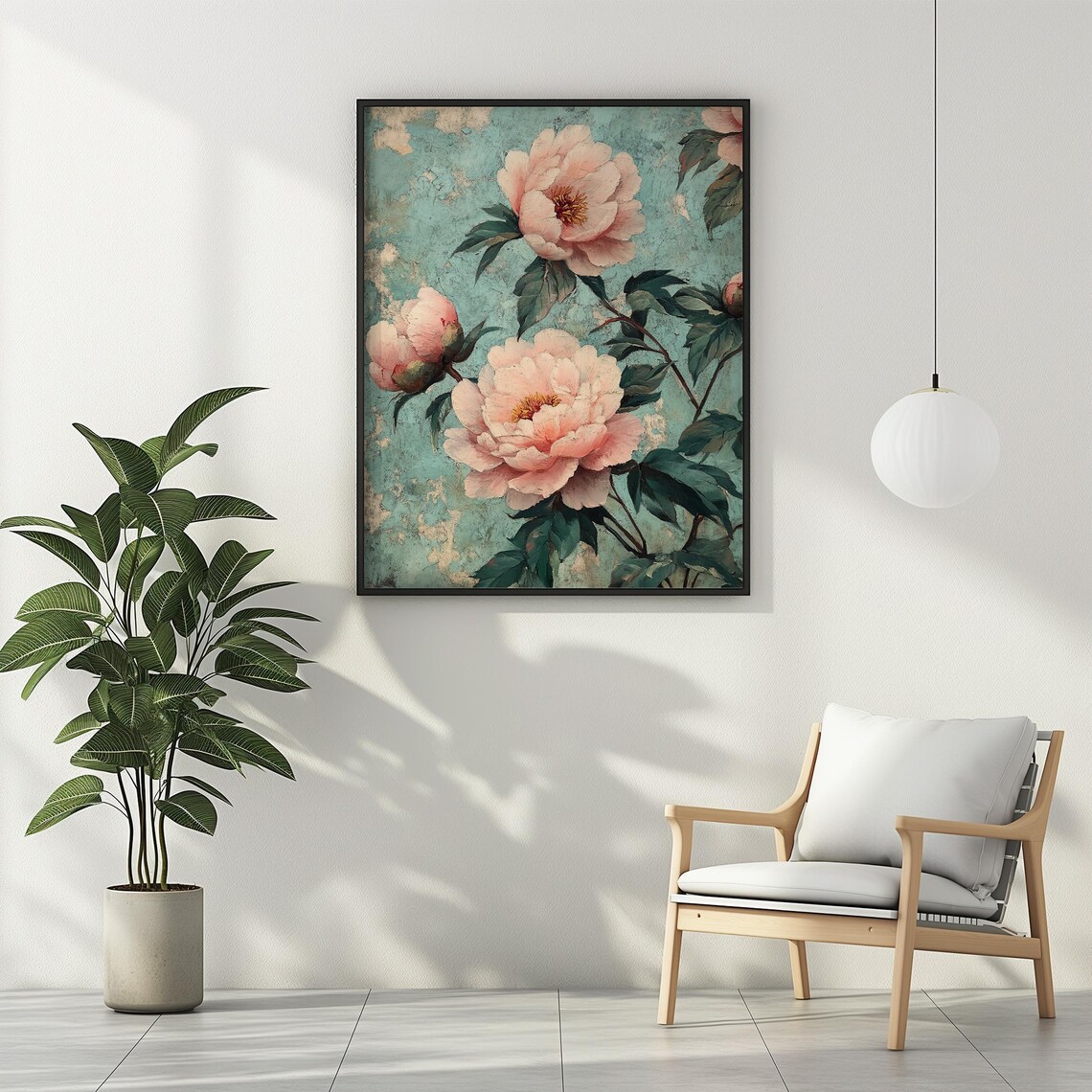 Pink Peonies Vintage Style Teal Floral Botanical Garden Poster - Image 2