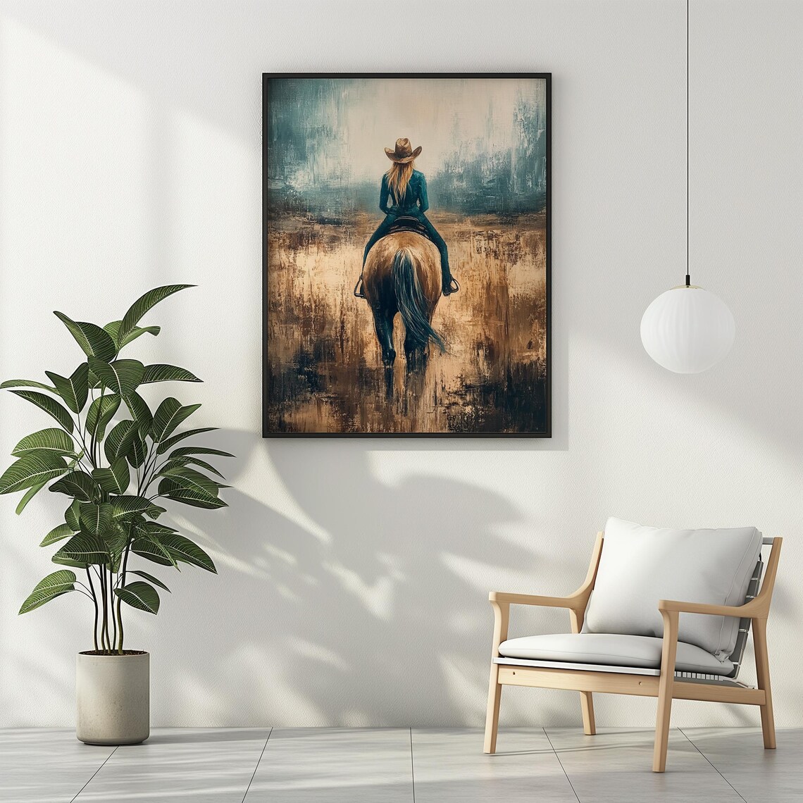 Cowgirl Riding Horse Away Through Golden Field Oil Painting Poster - Image 2