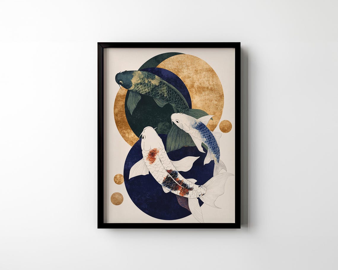 Koi Fish and Golden Moon Japanese Style Circle Geometric Poster - Image 2