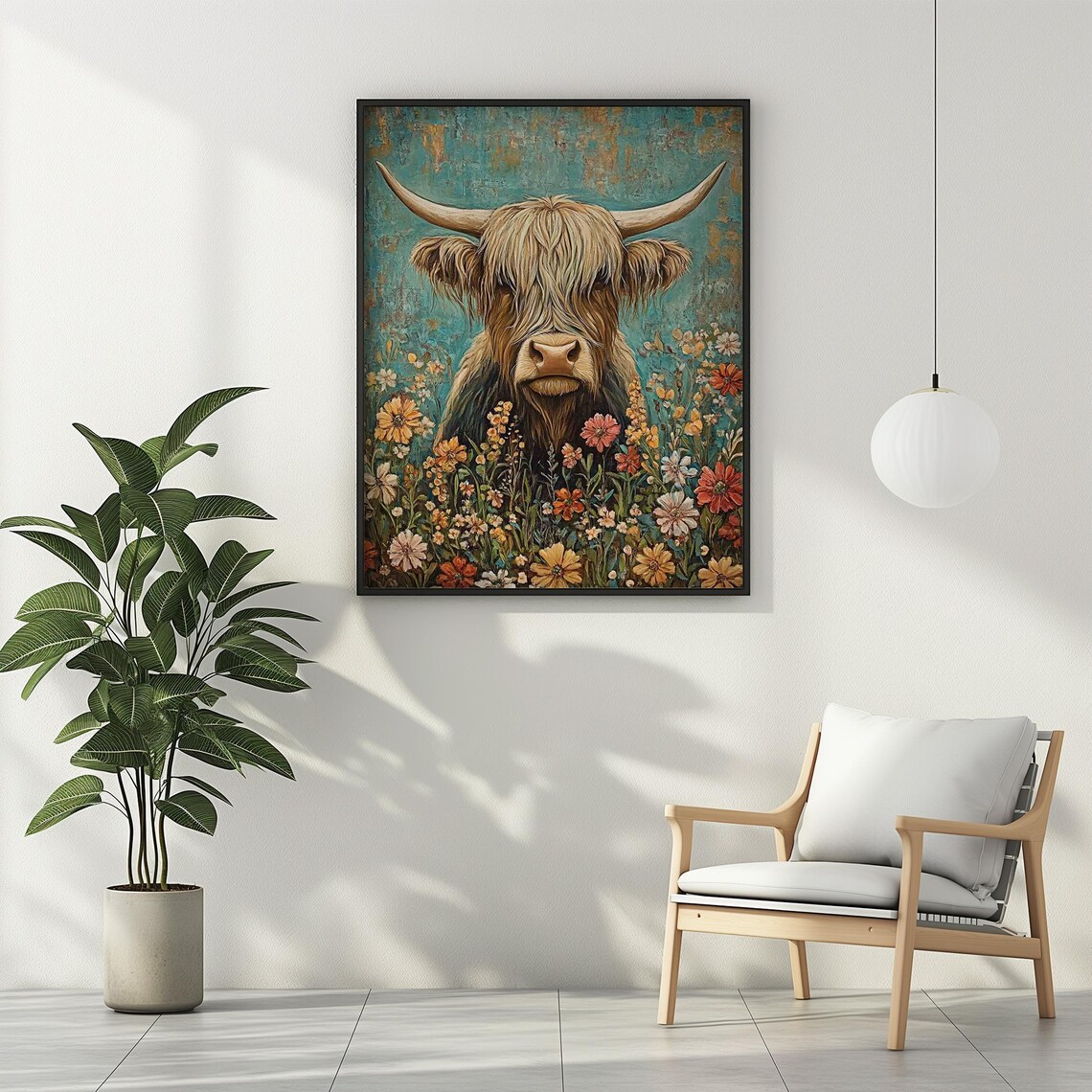 Highland Cow Wildflowers Poster Print Boho Style Vintage Wall Art Western Wall Decor Floral Oil Painting Farm Animal Gift Matte Poster - Image 2