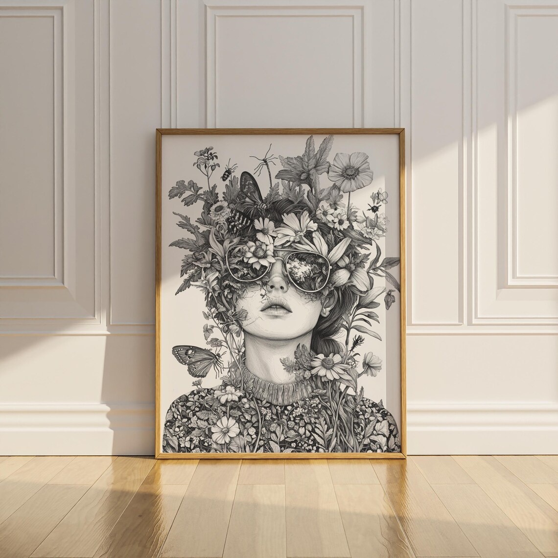 Wildflower Woman with Sunglasses Black and White Line Art Poster - Image 2