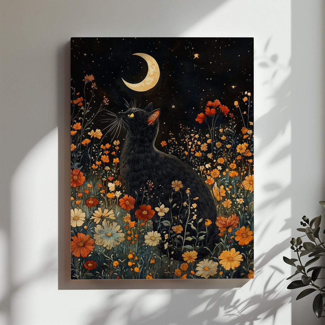 Black Cat in Moonlit Wildflower Meadow Crescent Moon Night Poster - Image 3