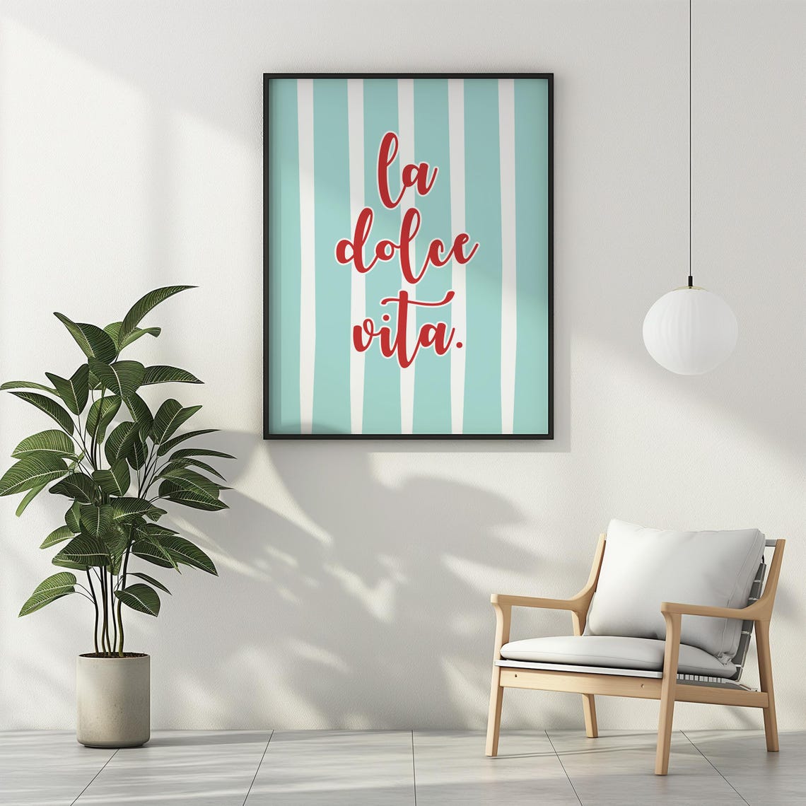 La Dolce Vita Red Script on Teal Striped Background Quote Art Poster - Image 2