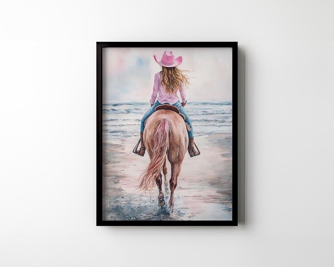 Cowgirl With Pink Hat Riding Horse Beach Western Watercolor Art Poster - Image 2
