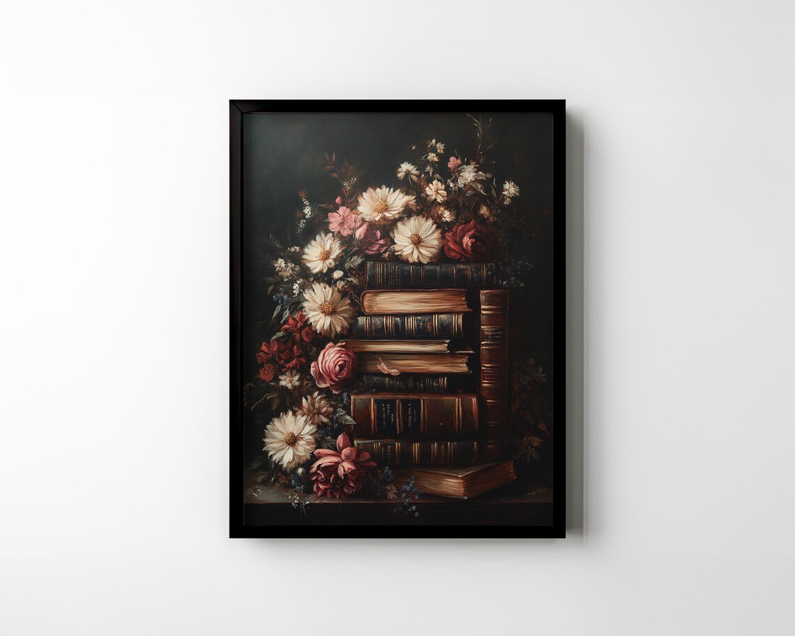 Antique Books with Wildflowers Dark Academia Still Life Poster - Image 2