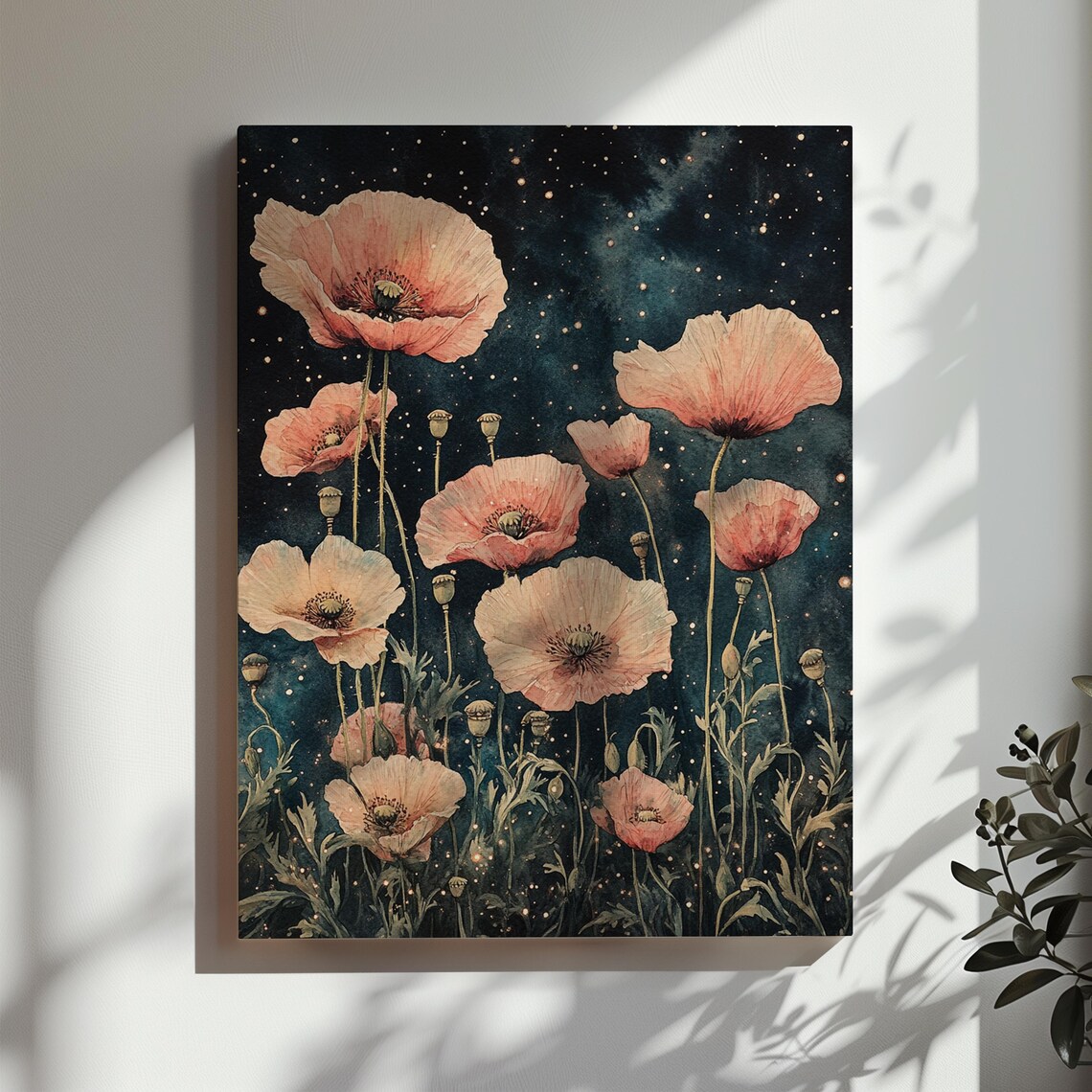 Pale Pink Poppies Under Starry Night Sky Dark Floral Art Poster - Image 3