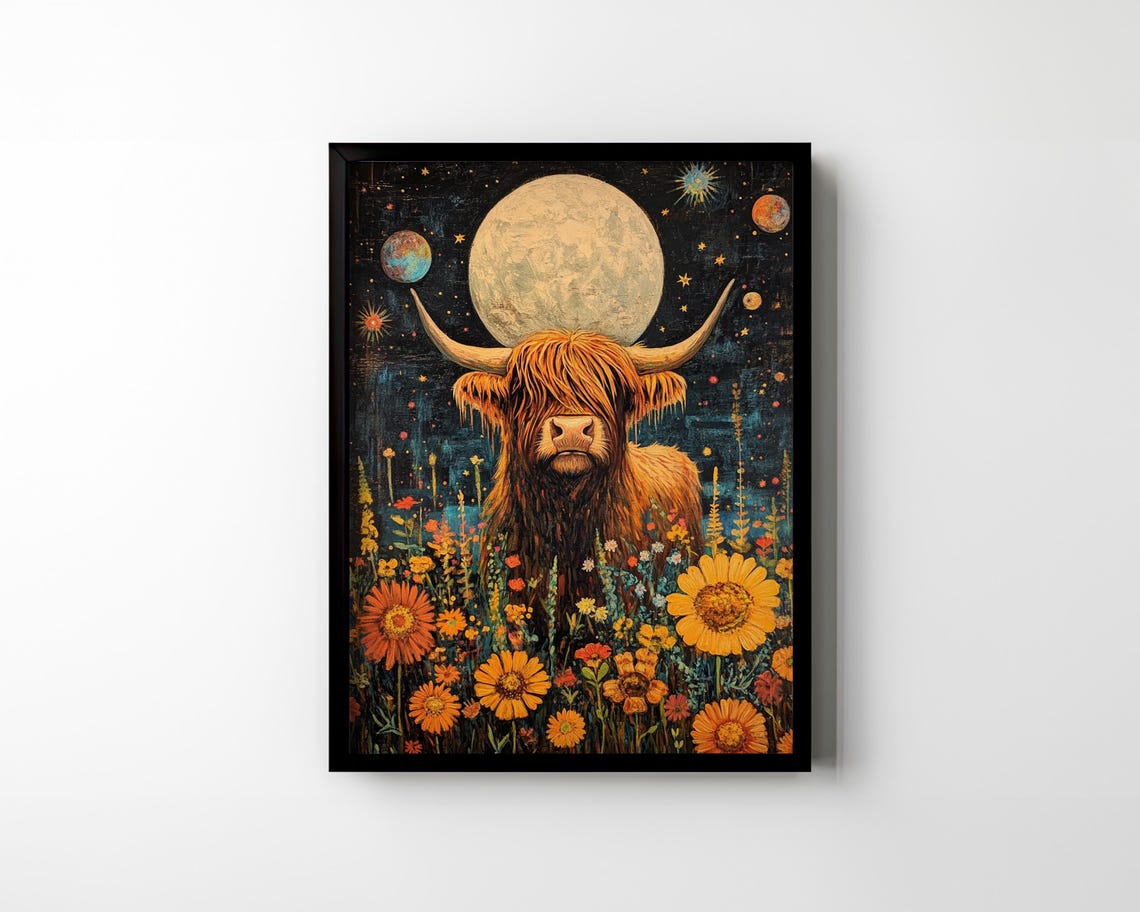 Cosmic Highland Cow Full Moon Night Sky Sunflower Meadow Poster - Image 2