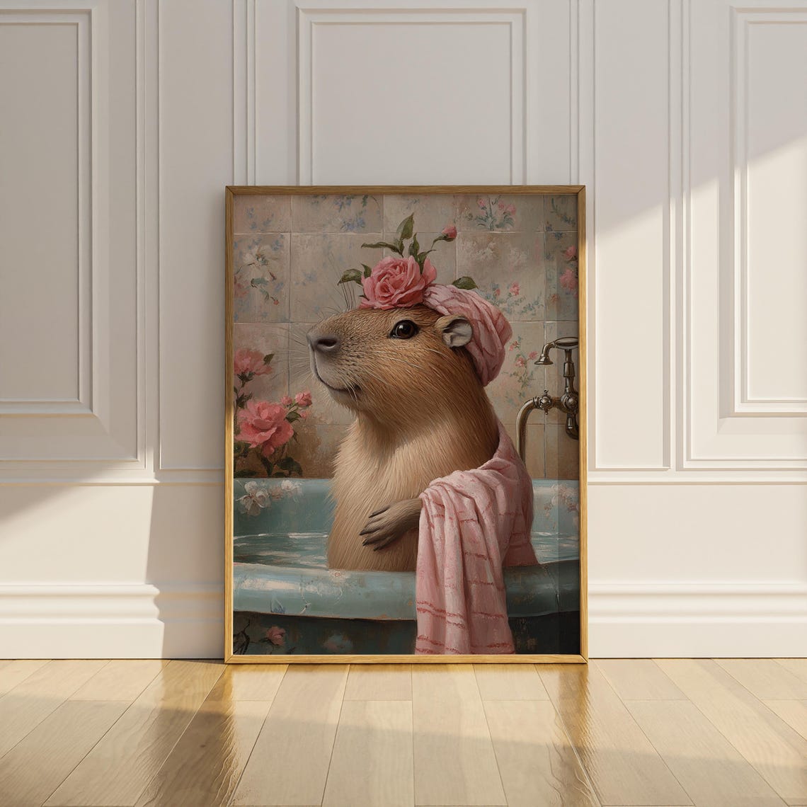 Capybara Enjoying Bubble Bath with Pink Towel and Rose Art Poster - Image 2