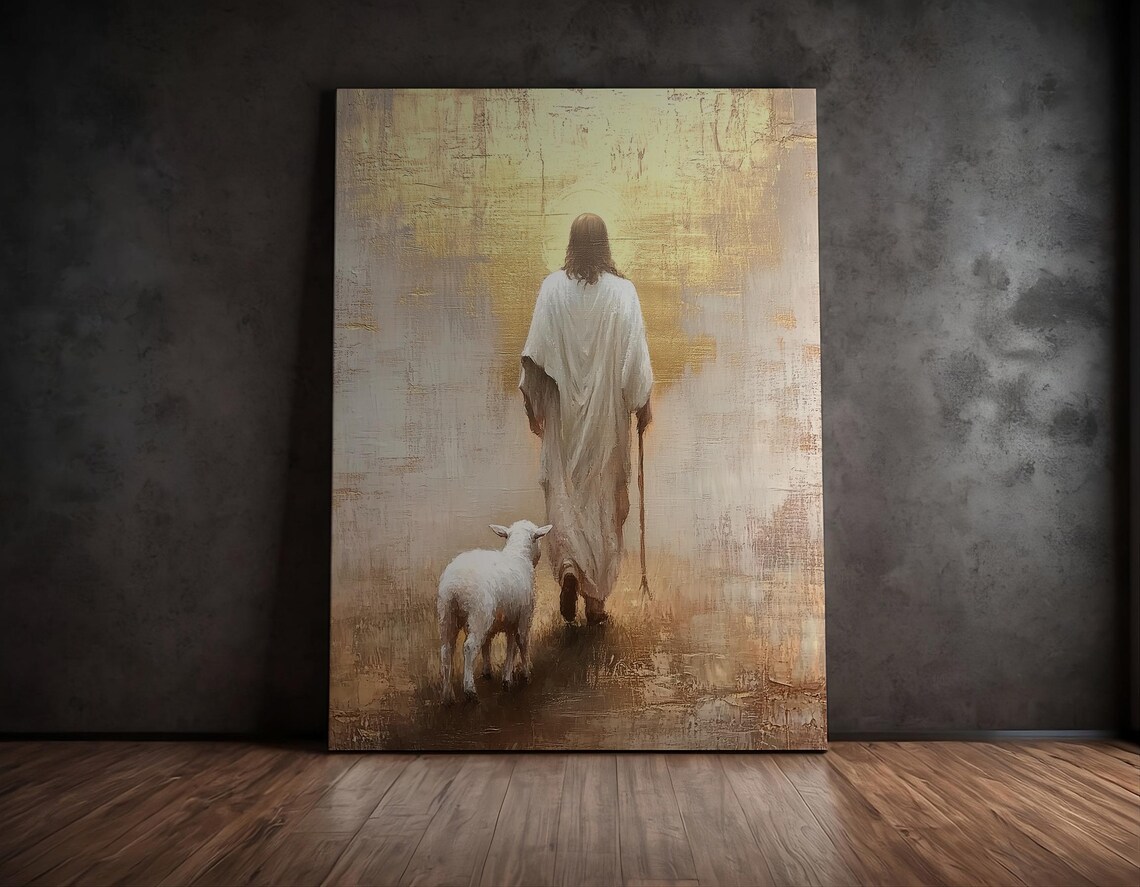 Jesus Christ Shepherd Lamb Gold Vintage Christian Wall Art Poster - Image 2