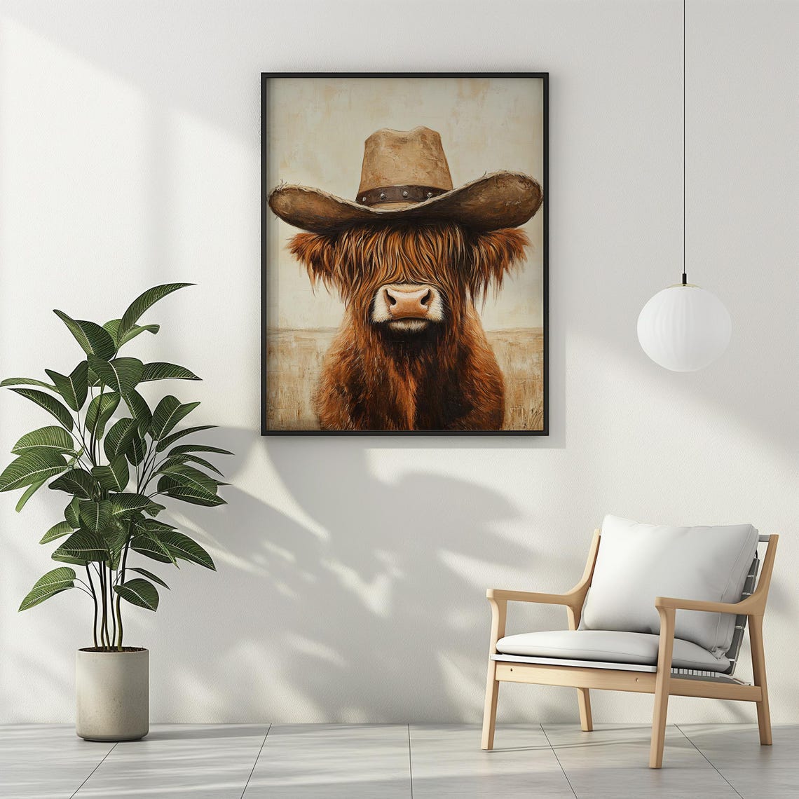 Brown Highland Cow Wearing Cowboy Hat Funny Western Farmhouse Wall Art - Image 2