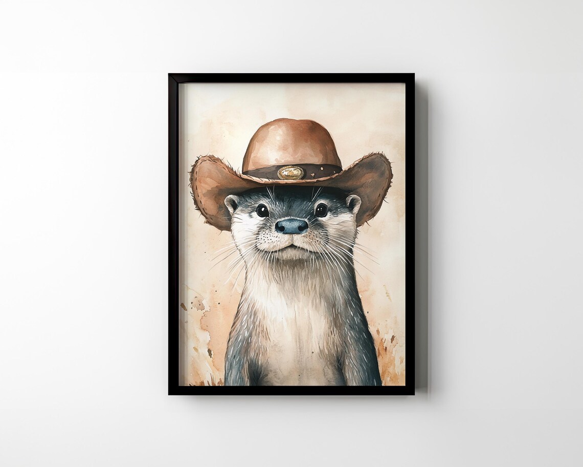 Otter Wearing Cowboy Hat Western Animal Portrait Wall Art Poster - Image 3