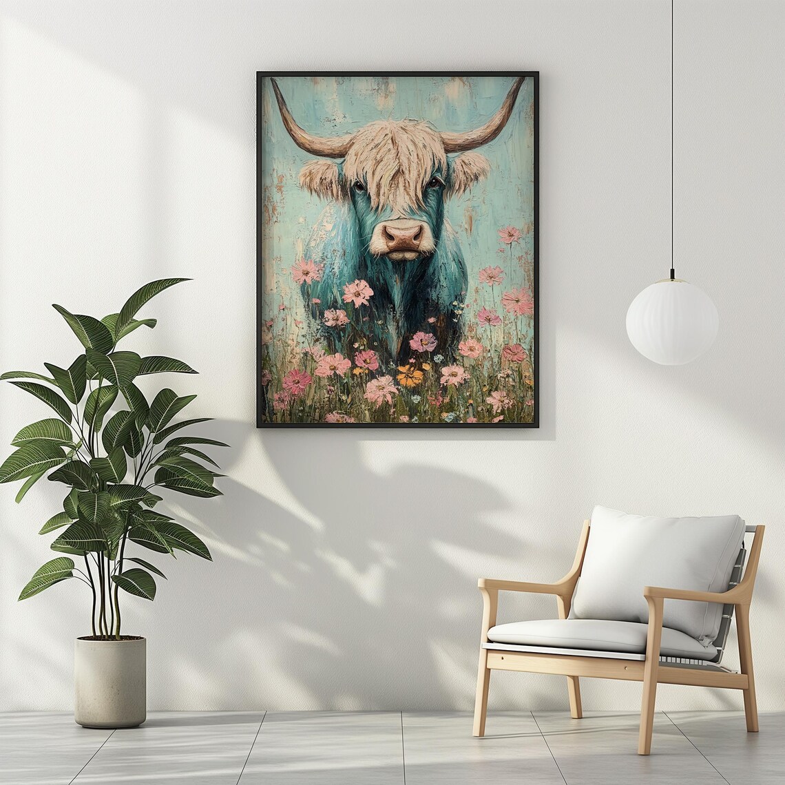 Highland Cow Wildflowers Boho Vintage Art Print - Image 3