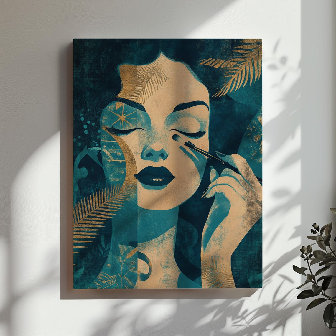 Teal and Gold Art Deco Woman With Makeup Brush Elegant Poster - Image 3