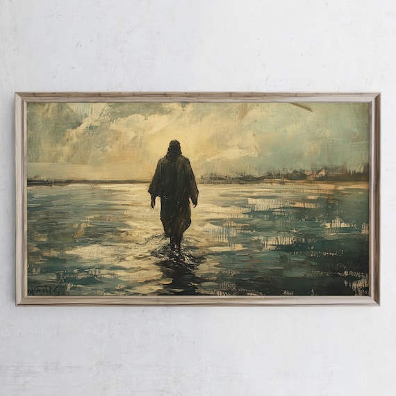 Jesus Christ Walking On Water Teal Vintage Christian Oil Art Poster