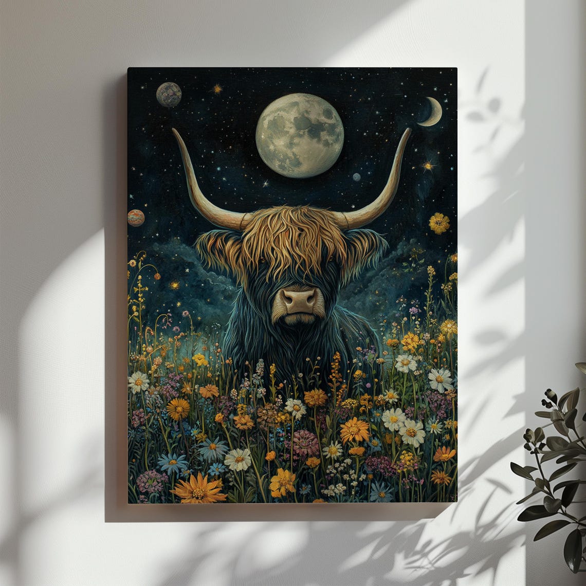 Highland Cow Standing in Moonlit Wildflower Meadow Night Poster - Image 3