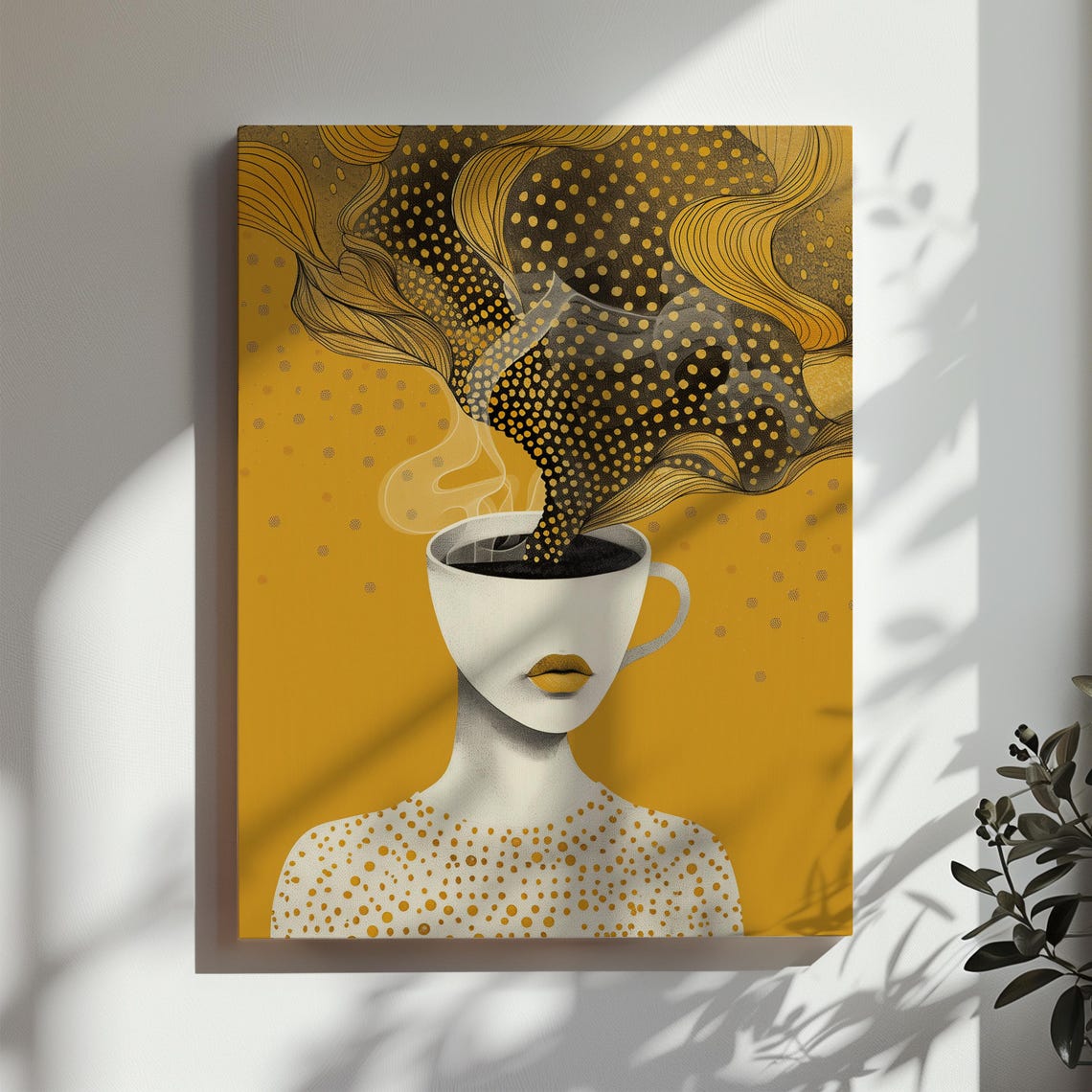 Surreal Coffee Cup Woman Head Golden Steam Mustard Art Poster - Image 3
