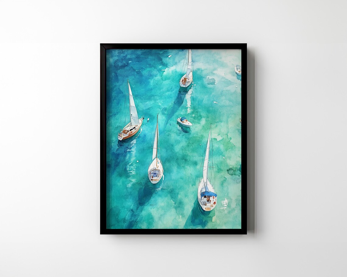 Sailboats from Above Turquoise Water Aerial Watercolor Sea Poster - Image 3