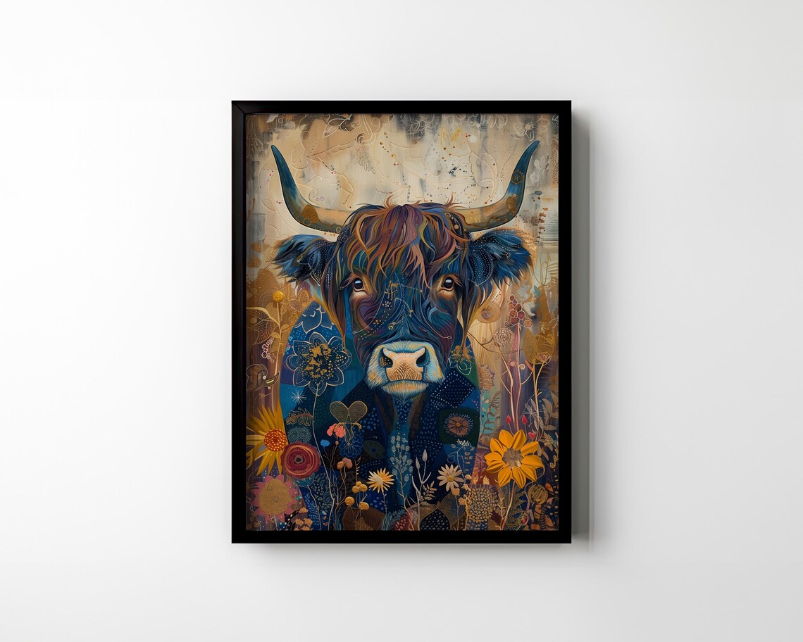 Midnight Teal Highland Cow with Golden Sunflowers Portrait Poster - Image 2
