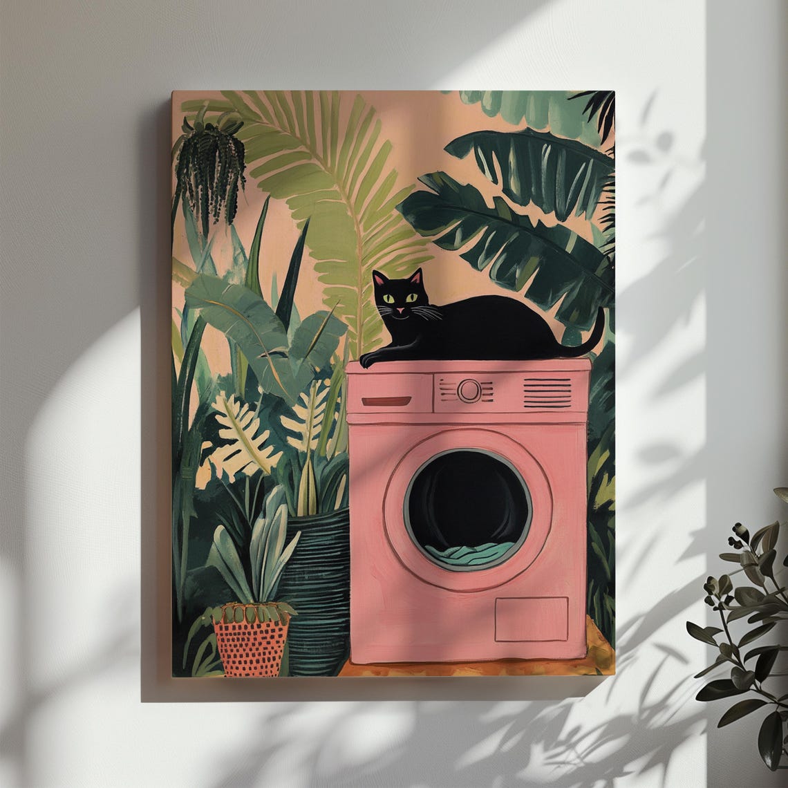Black Cat Lounging on Pink Washer Tropical Plants Art Poster - Image 3