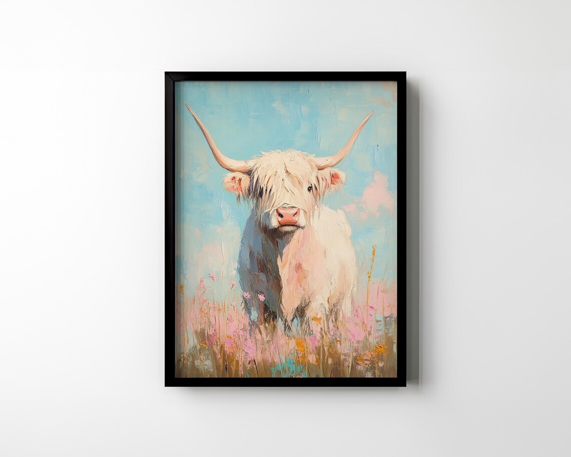 White Highland Cow in Pink Wildflower Meadow Pastel Art Poster - Image 2