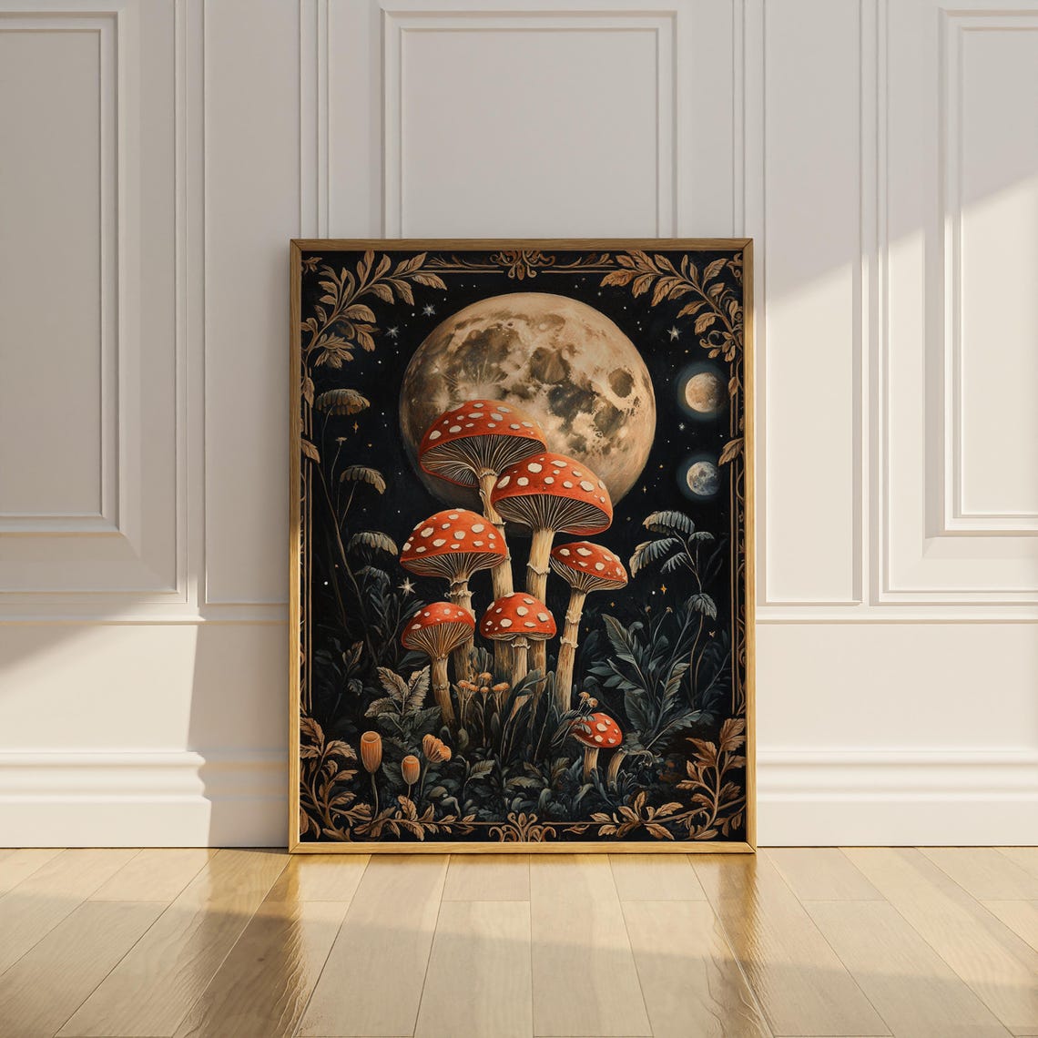 Red Fly Agaric Mushrooms Full Moon Phases Gold Art Deco Nature Poster - Image 2