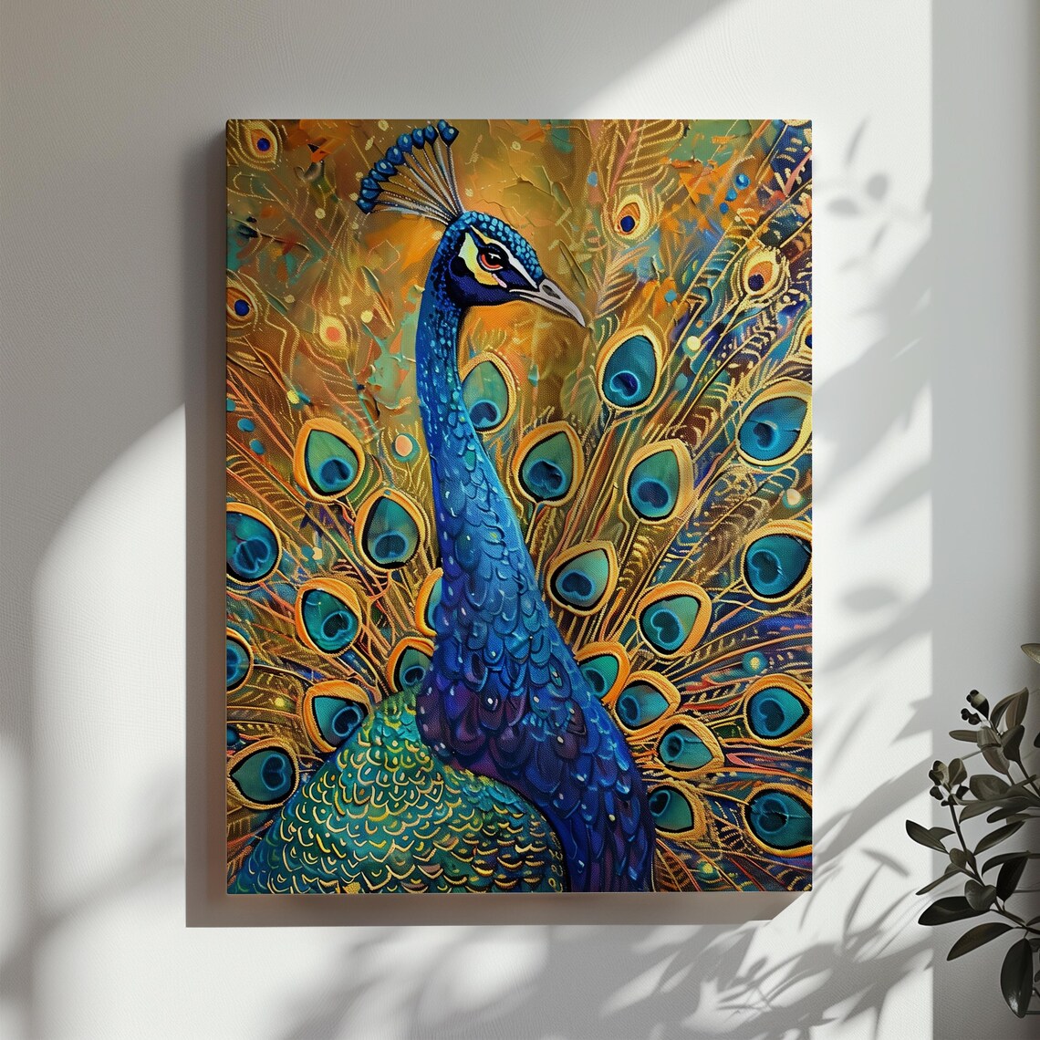 Blue Peacock Portrait with Golden Feather Details Colorful Art Poster - Image 3