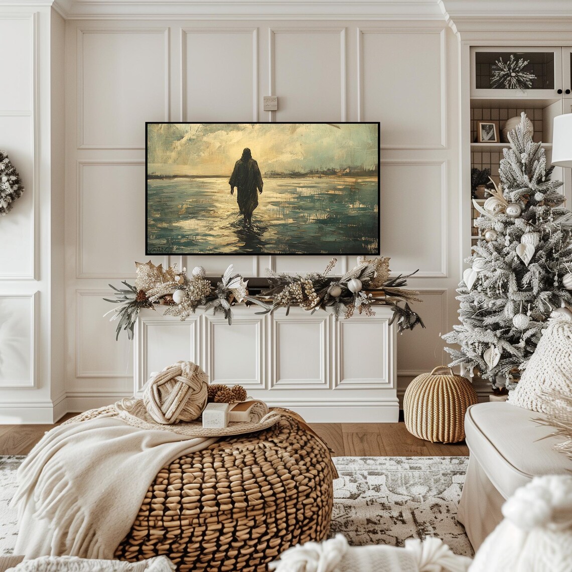 Jesus Christ Walking On Water Teal Vintage Christian Oil Art Poster - Image 2
