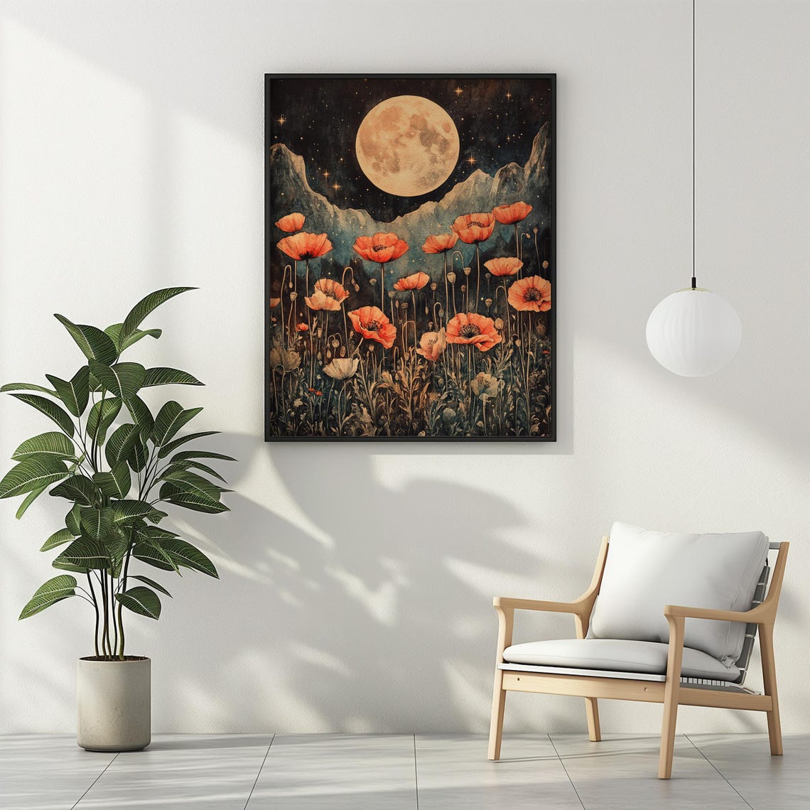 Red Poppies Under Full Moon Starry Night Mountain Meadow Poster - Image 3