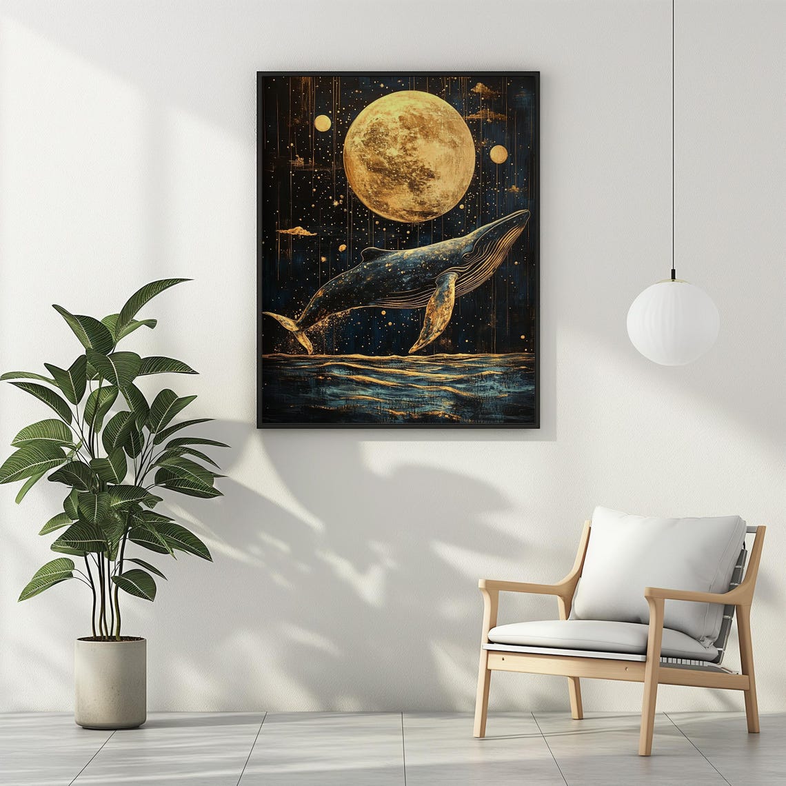 Whale Swimming Up Toward Golden Moon Starry Night Sea Wall Art - Image 3