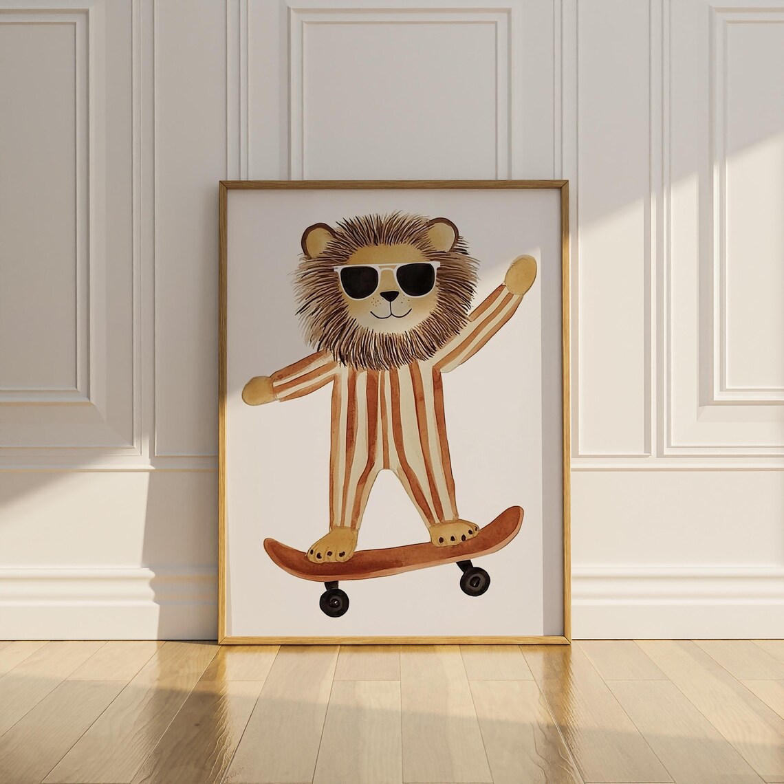 Lion Skater With Sunglasses Watercolor Safari Kids Nursery Wall Art Poster - Image 3