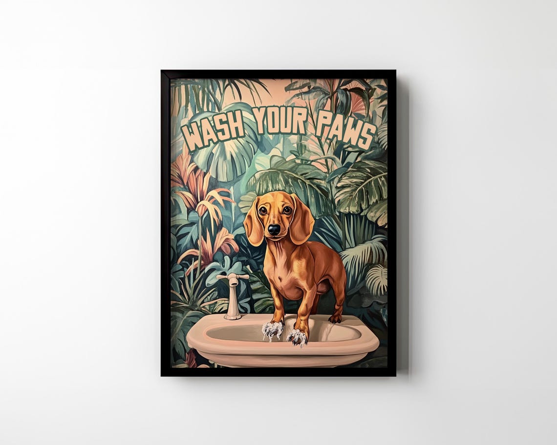 Dachshund Wash Your Paws Soapy Puppy Bath Funny Bathroom Wall Art - Image 2