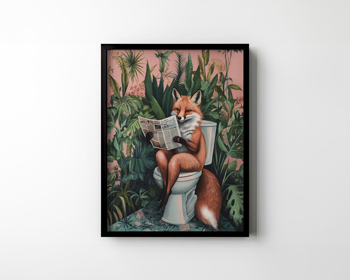 Red Fox Reading Newspaper on Toilet Blush Pink Botanical Poster - Image 3