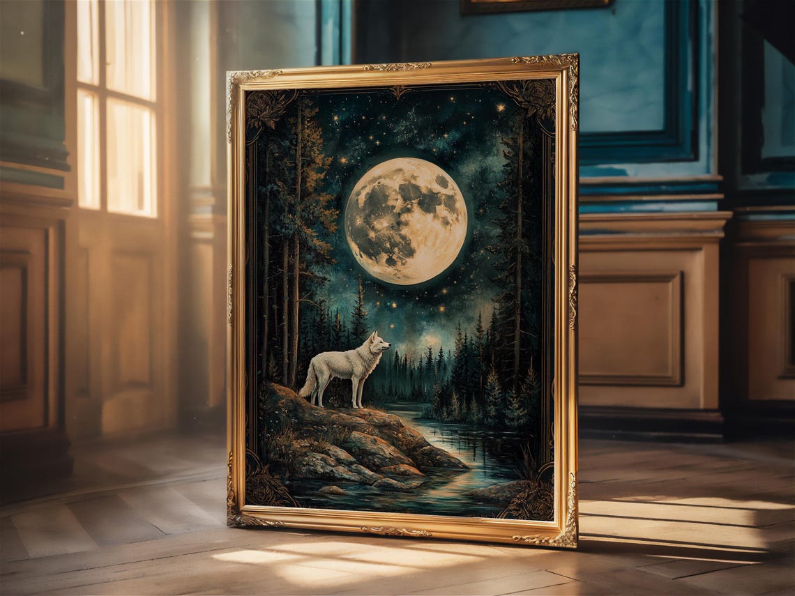 White Wolf on Moonlit Rocks by a Forest River Night Art Poster - Image 3
