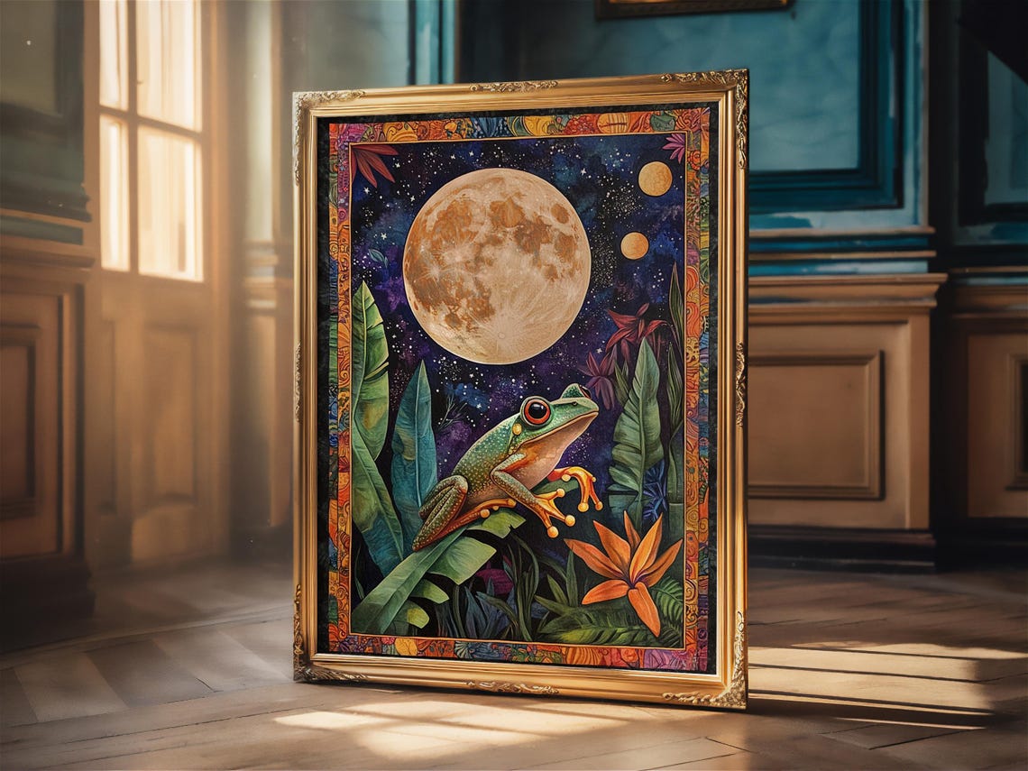 Tree Frog Under Full Moon Tropical Jungle Celestial Nature Art Poster - Image 2