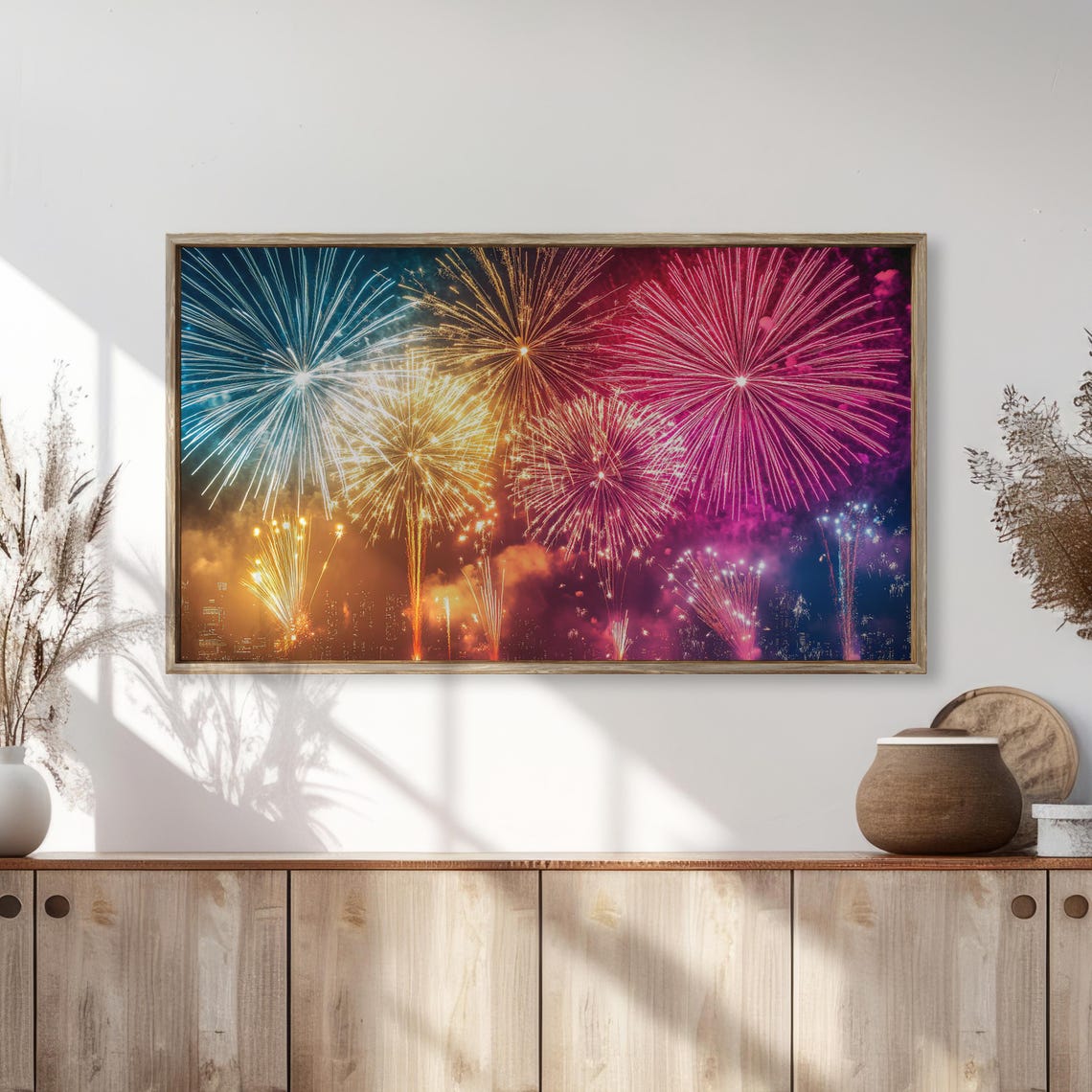 Colorful Fireworks Over City Skyline Night Celebration Display Poster - Image 2