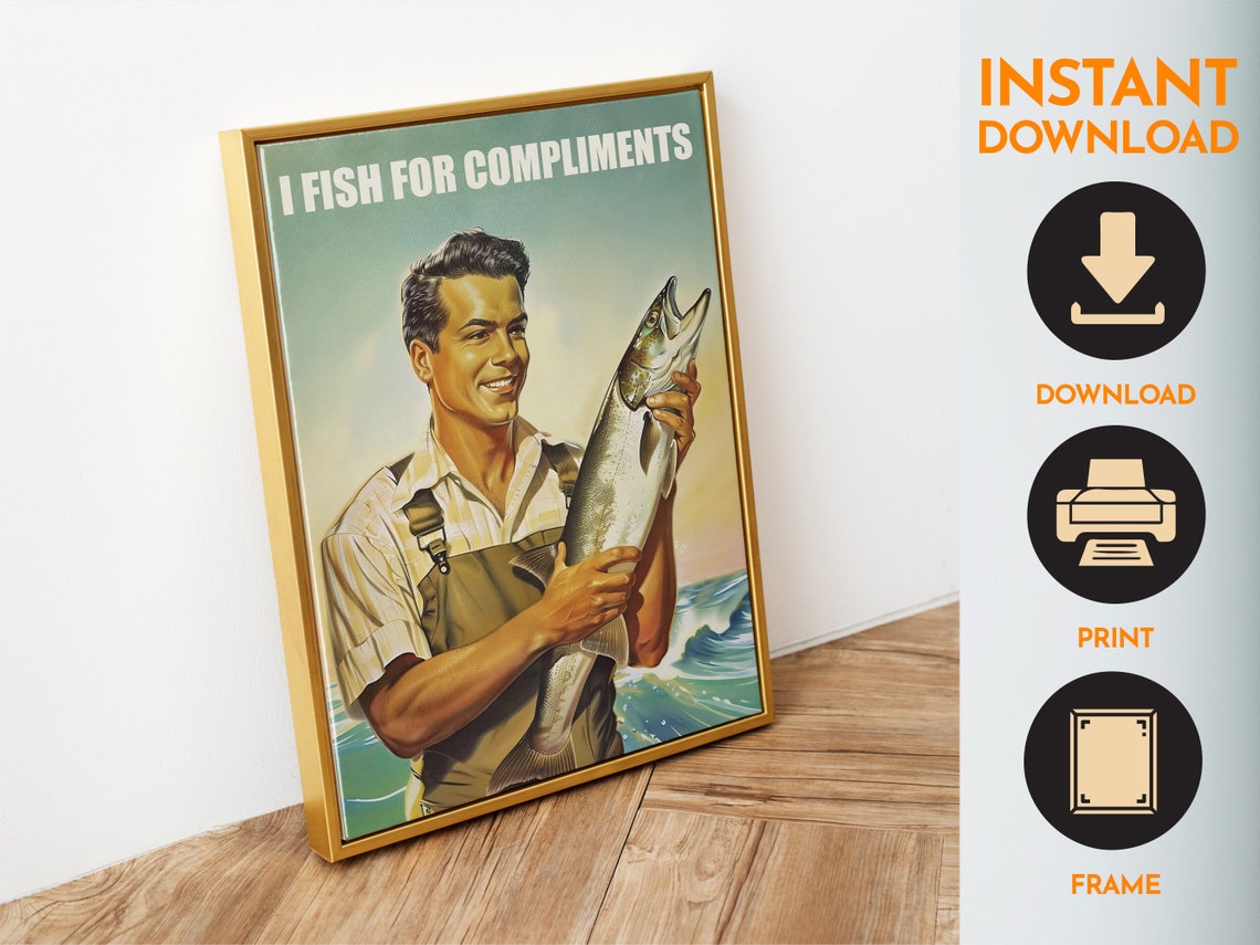 I Fish For Compliments Retro Fisherman Salmon Catch Funny Poster - Image 4