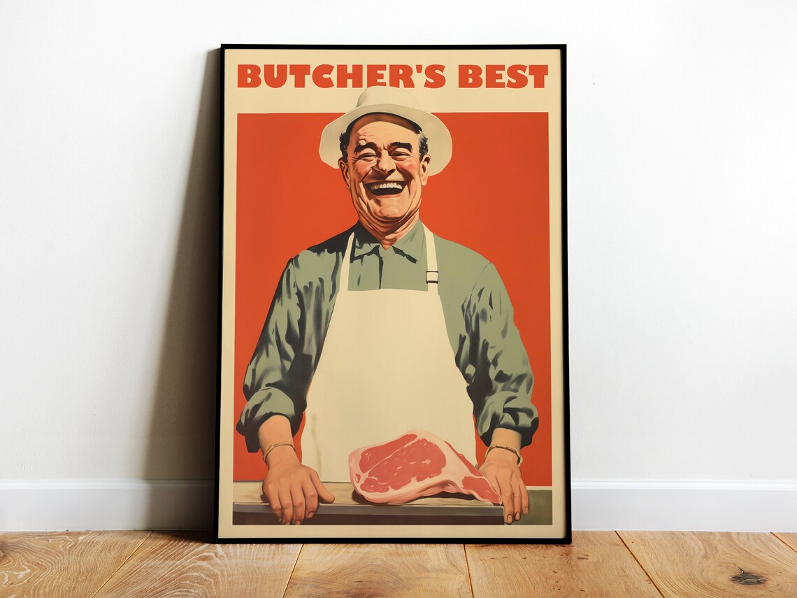 Butchers Best Jolly Butcher Steak Retro Vintage Ad Style Poster