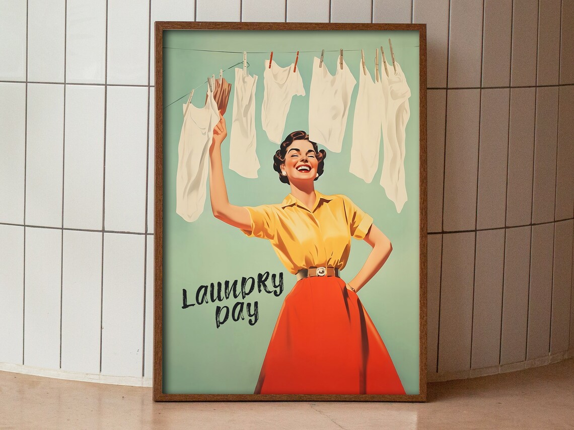 Laundry Day Retro Housewife Bathroom Art Print - Image 3