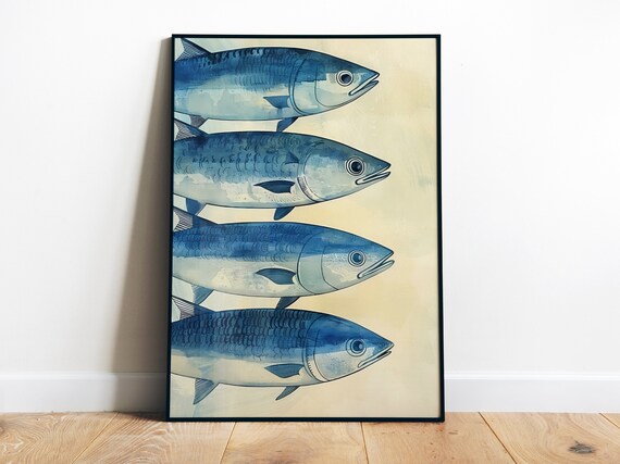 Blue Fish Print Sardines Art Print Kitchen Wall Art Retro Fish Art For Laundry Nautical Bathroom Art Funny Fish Poster Beach House