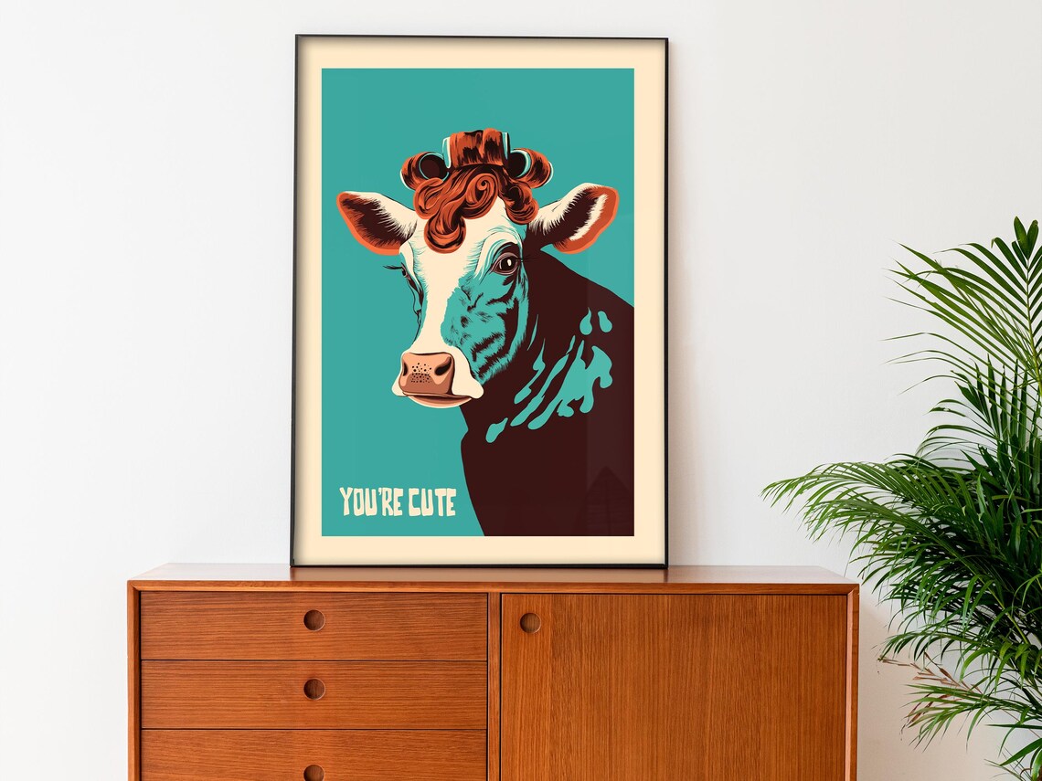 You're Cute Funny Cow Portrait Curly Hair Bathroom Art Poster - Image 2