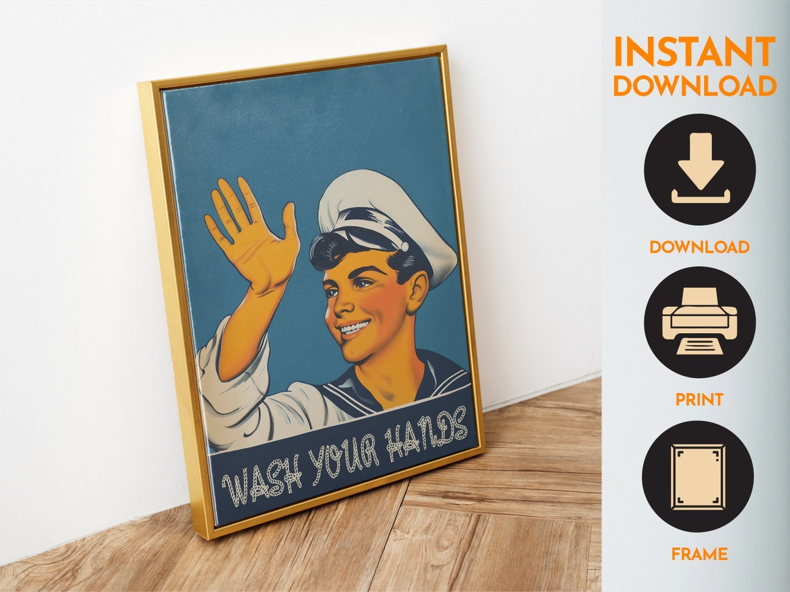 Wash Your Hands Smiling Sailor Retro Bathroom Humor Sign Poster - Image 4