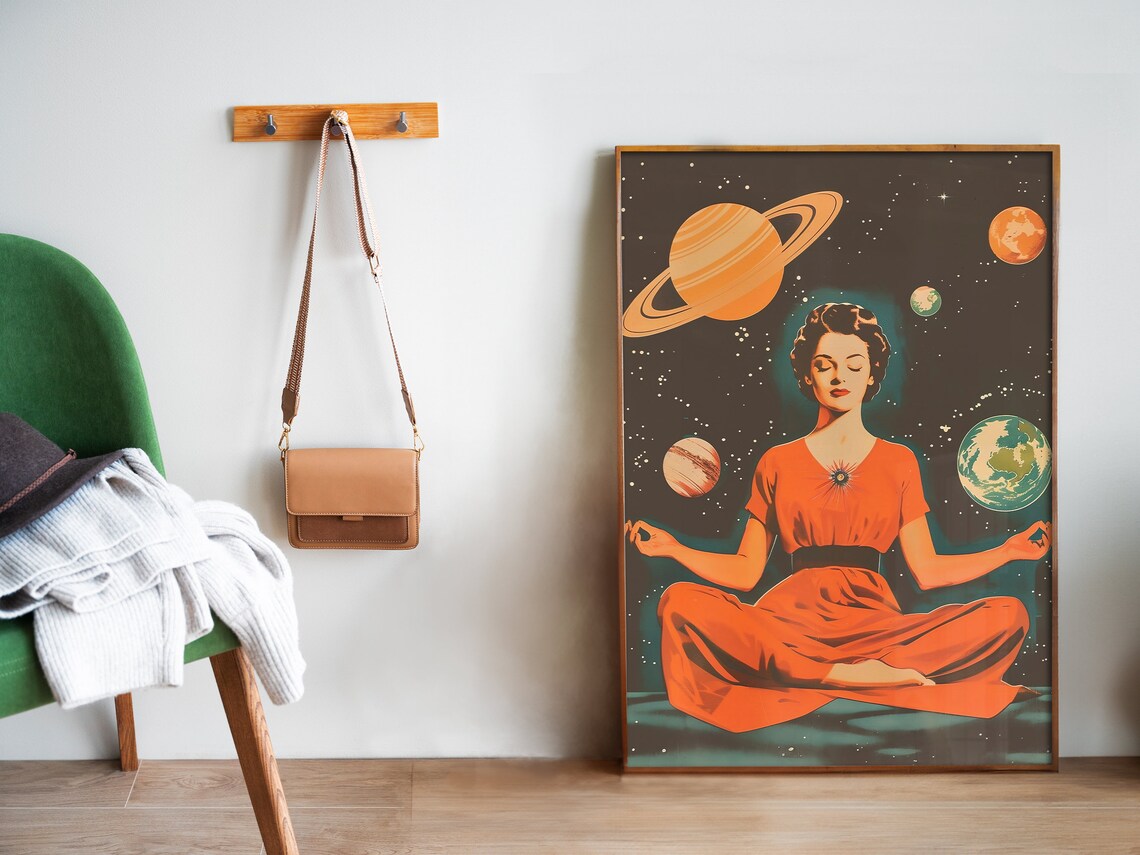 Woman Meditating Among Planets Retro Cosmic Space Spiritual Poster - Image 5