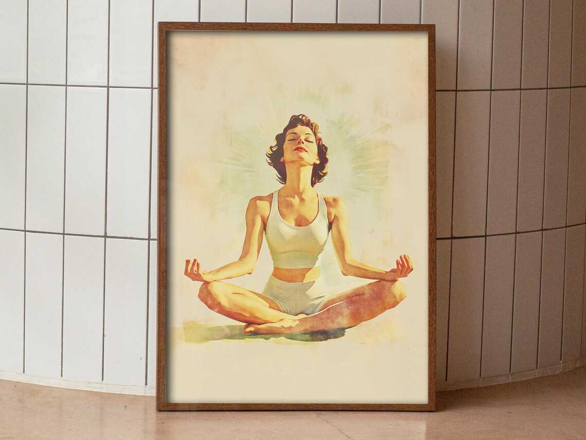 Woman Meditating In Lotus Pose Retro Yoga Wellness Art Poster - Image 2