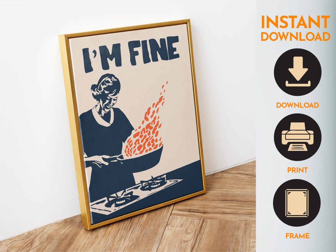 I Am Fine Funny Cook Flaming Pan Minimalist Navy Kitchen Wall Poster - Image 6