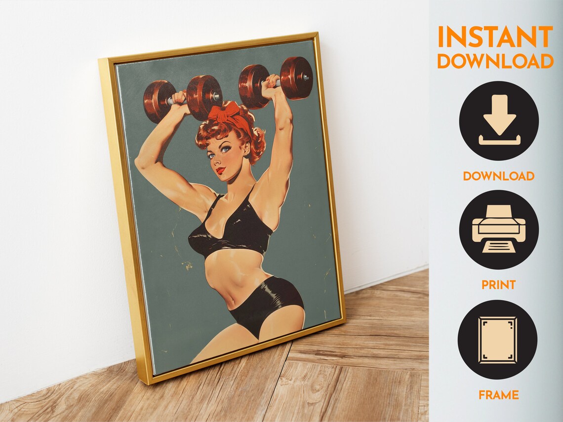 Strong Woman Lifting Dumbbells Retro Pin Up Gym Motivation Wall Poster - Image 6