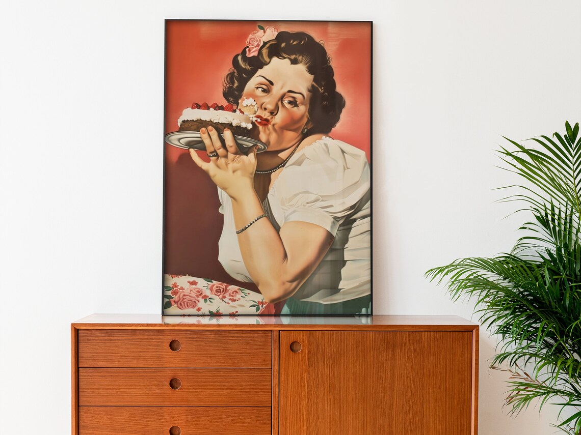 Vintage Pin Up Woman Eating Berry Cake Retro Kitchen Funny Poster - Image 2