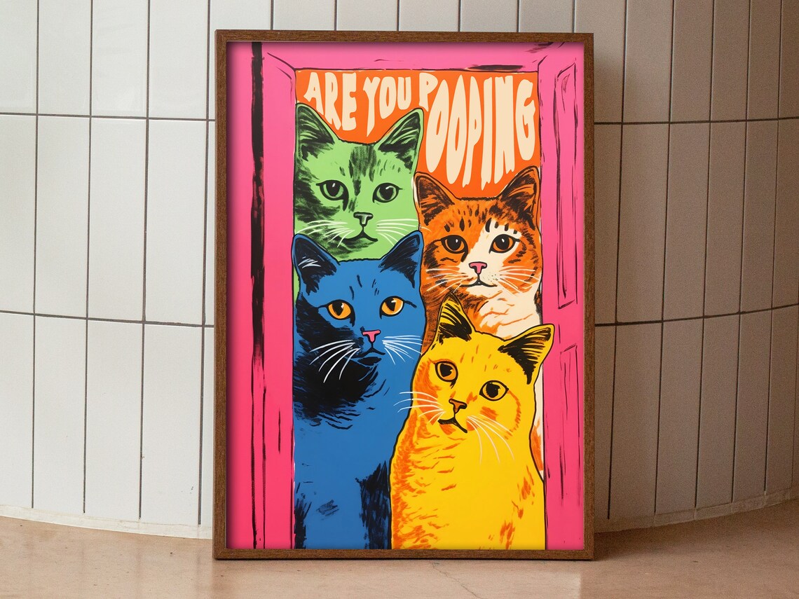 Funny Cat Bathroom Wall Art, Maximalist Poster - Image 3